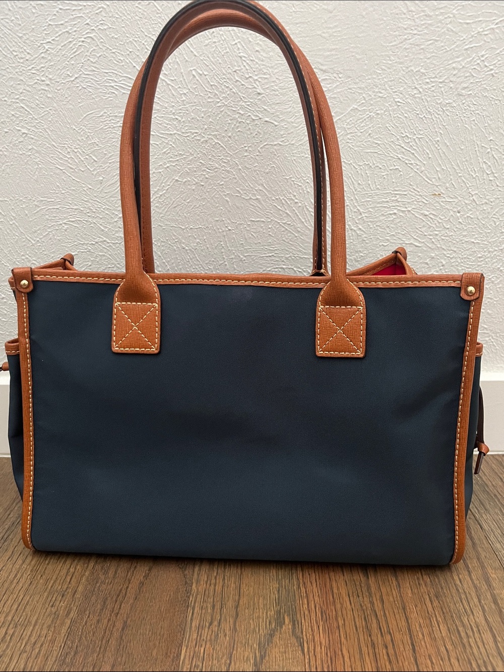 Dooney & Bourke Navy Tote with Tan Leather Trim and Red Interior - Picture 2 of 10